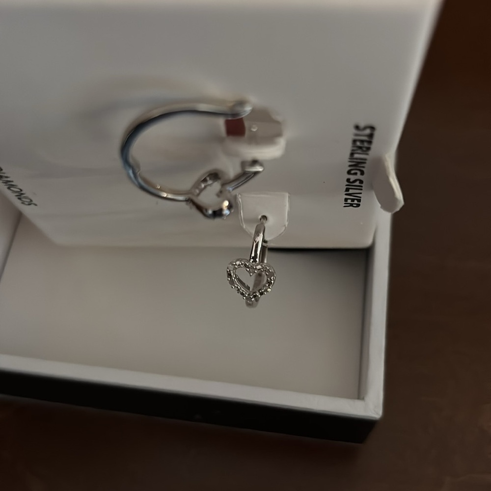 Sterling Silver Diamond Hoop heart Earrings ❤️ - Picture 5 of 6